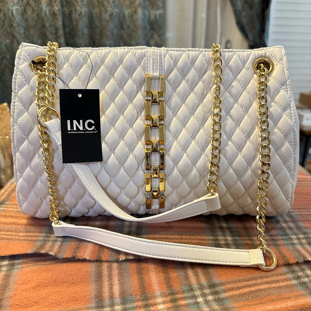 INC International Concepts White Quilted Shoulder Bag with Gold Chain
